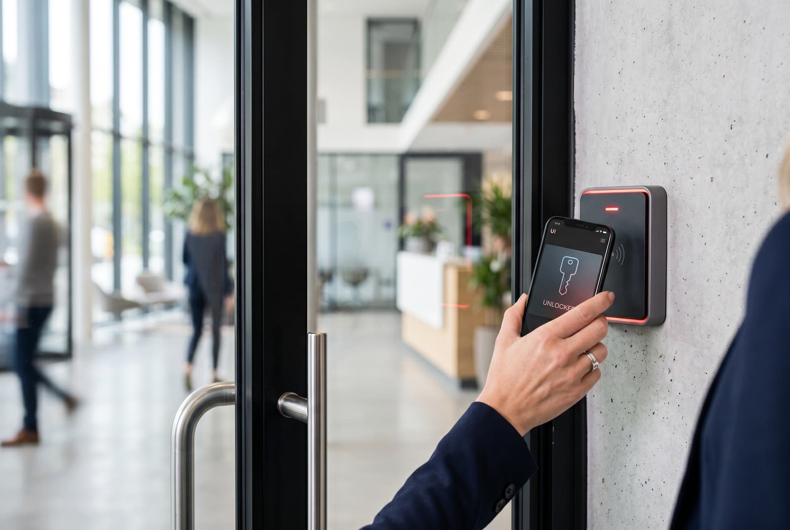 Employee unlocking a glass office door with a phone at a wall-mounted access control reader