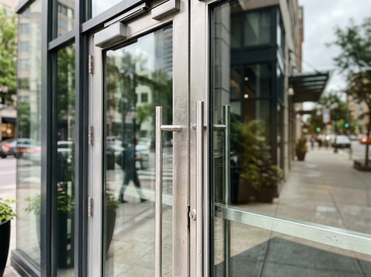 Technician adjusting a commercial door closer and panic exit bar hardware