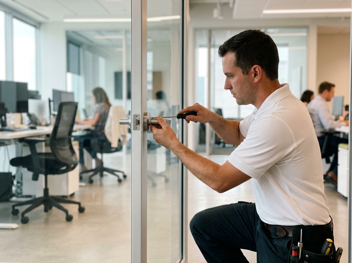 Commercial locksmith rekeying a high-security mortise lock cylinder with precision tools