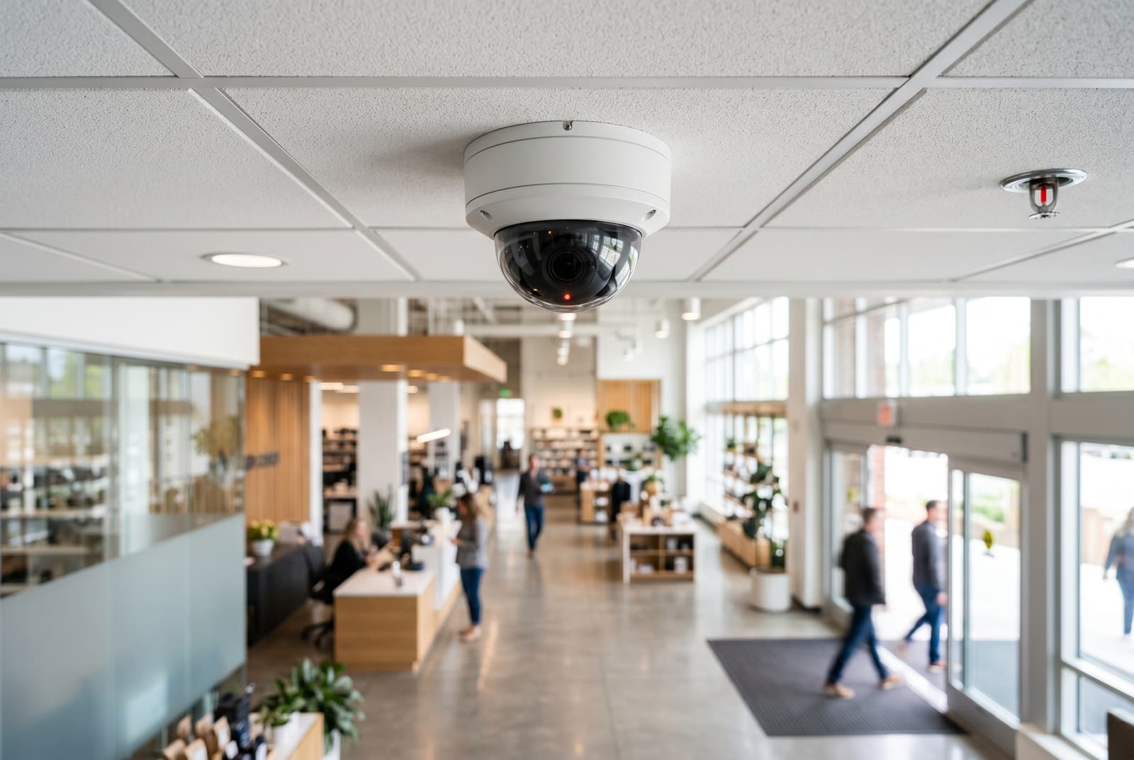 Modern dome IP security camera mounted at a commercial building entrance