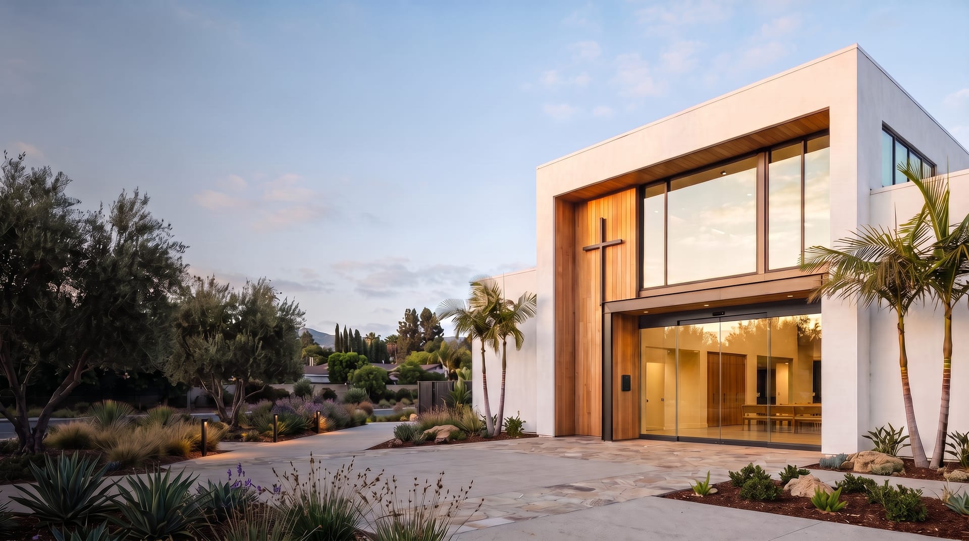 Modern Orange County church entrance with an access control reader beside the glass doors