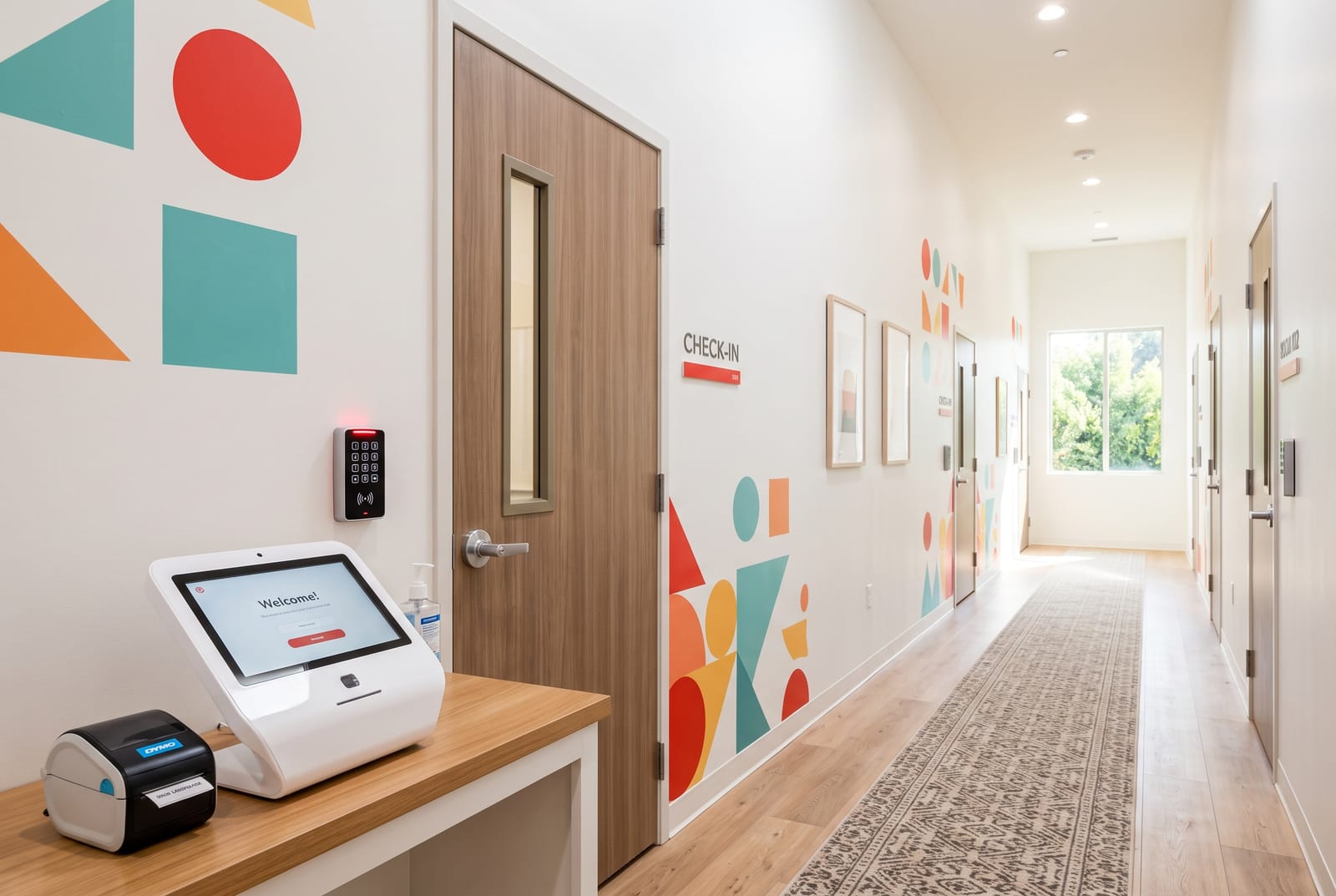 Children's ministry hallway with a check-in kiosk and a keypad access reader on a classroom door