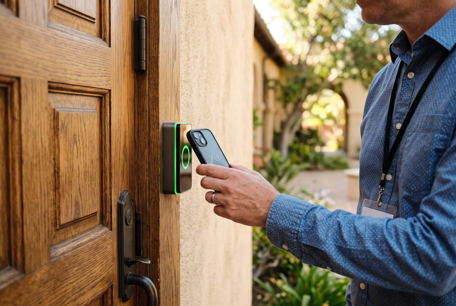 Church staff member unlocking a wooden church side door with a phone credential on an access control reader